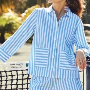 LAKE Blue Striped Cotton Poplin Pajama Set Size XXL